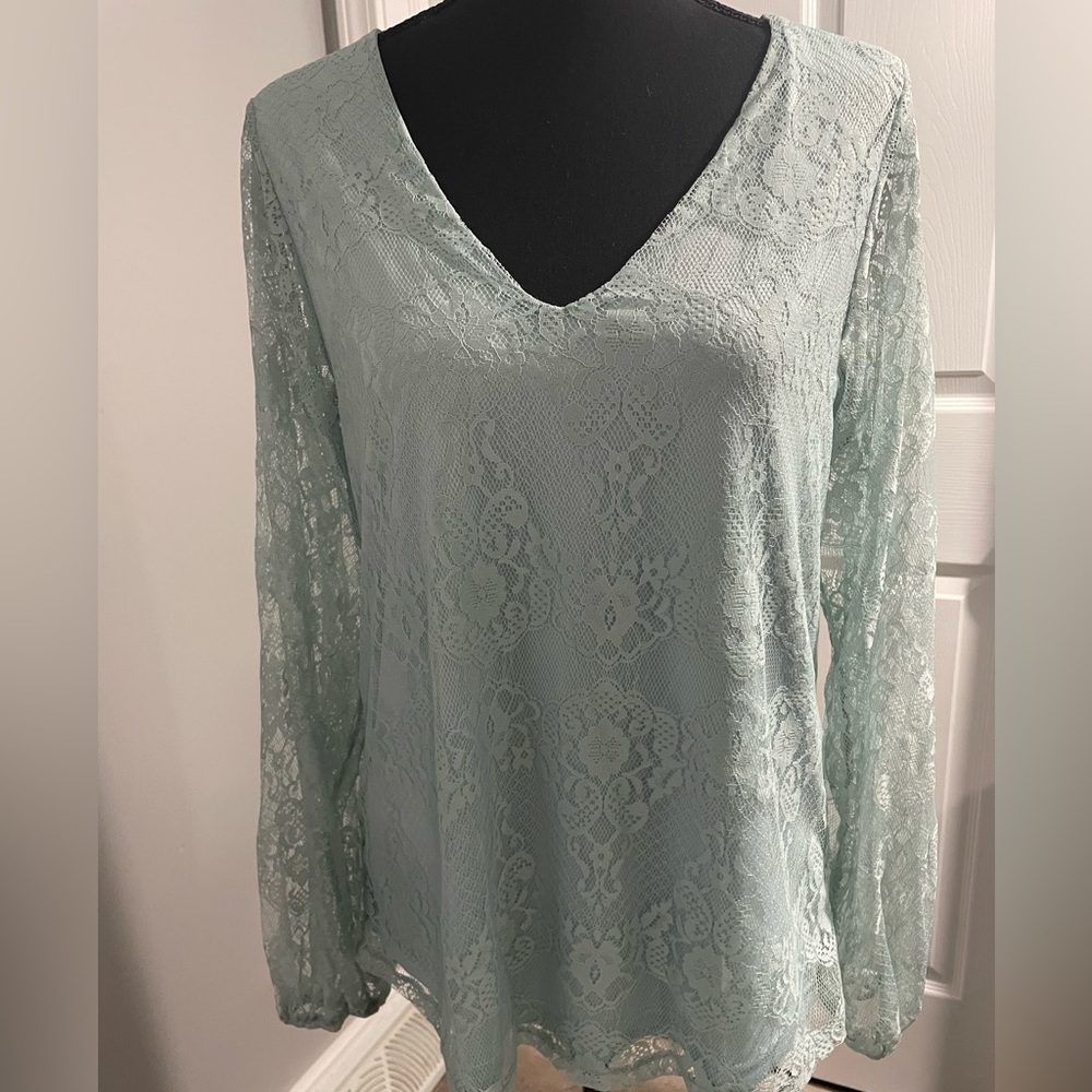 NWOT Daytrip long sleeve vneck, lined lace mint green top in small